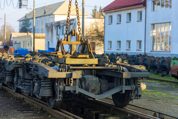 Wheels of railway car are being repaired at railway junction