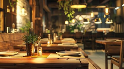 cozy restaurant interior with wooden tables and warm lighting interior 3d illustration