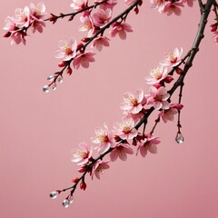 Pink Cherry Blossom Branch with Raindrops on Pink Background