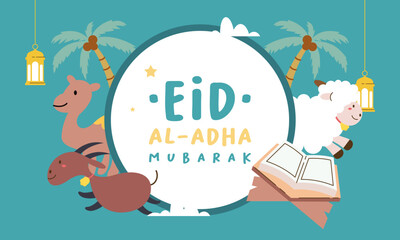 Holy Eid Al Adha Mubarak Cute Banner Cartoon doodle