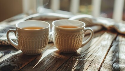 Close up of two cups of hot tea on wooden desk