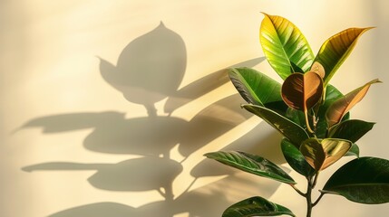Ficus Elastica 'Burgundy' Leaves And Shadow On A Beige Background.