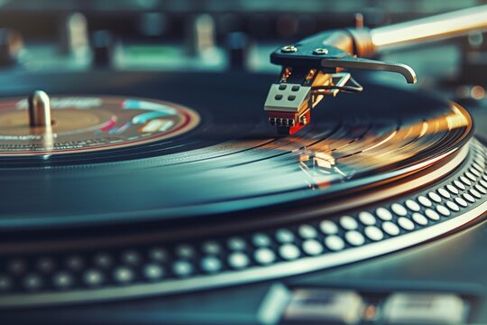 Close up of turntable vinyl record player for hip hop DJ Classic needle for scratching