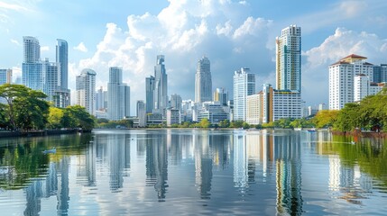 Obraz premium A Beautiful Cityscape Image Of Bangkok, Thailand Featuring Modern Skyscrapers And A Peaceful Lake Reflecting The Urban Landscape.