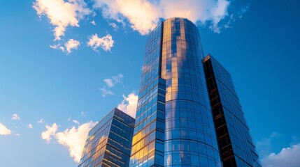 Mirrored Skyscraper Reflecting The Setting Sun And Clouds.
