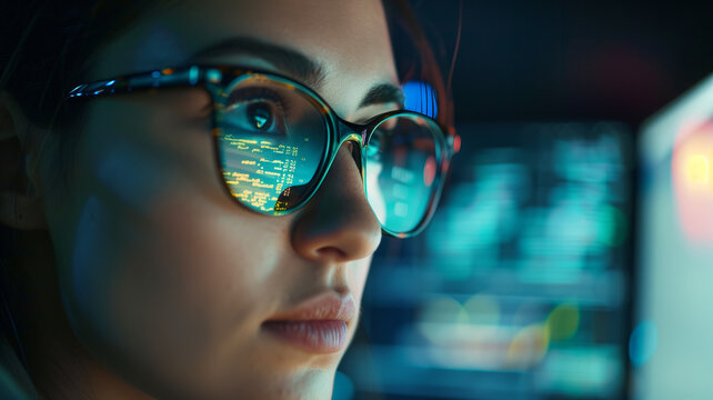 Cyber security and personal data protection. Girl AT engineer reading program code on computer screen. Close-up of eyes and glasses with HTML code reflected.
