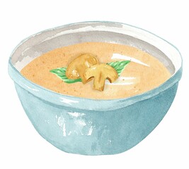 Mushroom puree soup with basil in a blue plate. Hand drawn watercolor illustration isolated on white background. Template for design.