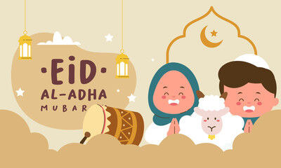 Holy Eid Al Adha Mubarak Cute Banner Cartoon doodle