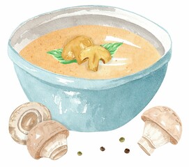 Mushroom puree soup with basil in a blue plate and pepper. Hand drawn watercolor illustration isolated on white background. Template for design.