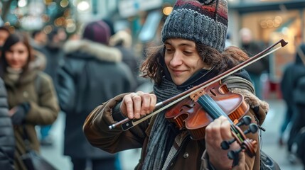 street musician playing violin busking in public candid photography