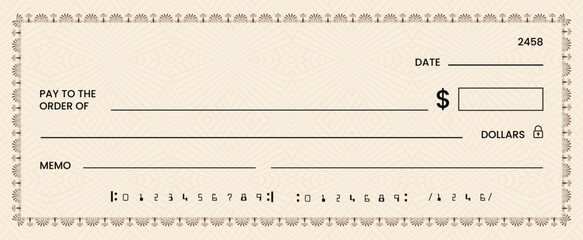 Blank bank check, checkbook cheque template or money payment paper voucher, vector mockup. Business or personal account cash pay cheque certificate or paycheck coupon from checkbook	