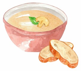 Mushroom puree soup with basil in a red plate and pieces of bread. Hand drawn watercolor illustration isolated on white background. Template for design.