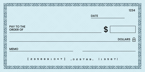 Blank bank check, checkbook cheque template or money payment paper voucher, vector mockup. Business or personal account cash pay cheque certificate or paycheck coupon from checkbook	