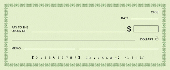 Blank bank check, checkbook cheque template or money payment paper voucher, vector mockup. Business or personal account cash pay cheque certificate or paycheck coupon from checkbook	