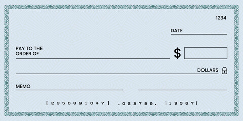 Blank bank check, checkbook cheque template or money payment paper voucher, vector mockup. Business or personal account cash pay cheque certificate or paycheck coupon from checkbook	