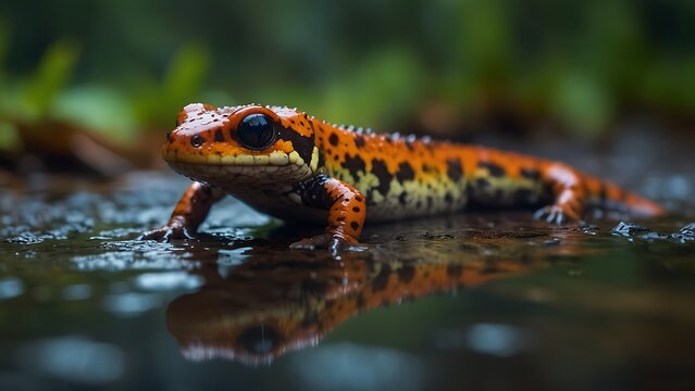 portrait of a very beautiful red patterned lizard with a blurred background