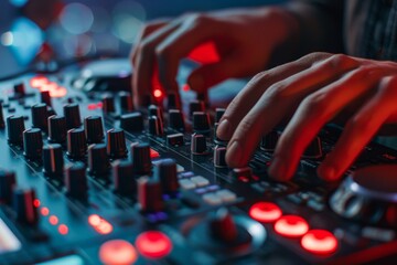 Closeup of DJ playing music at mixer