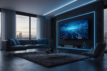Smart TV on wall in modern office with blue neon frame. 3D render. Generative ai.