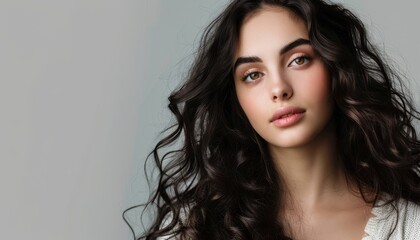 Naklejka premium Elegant young woman with long dark curly hair and makeup on grey background
