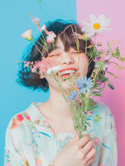 Fototapeta premium 花束を持ったアジア人女性