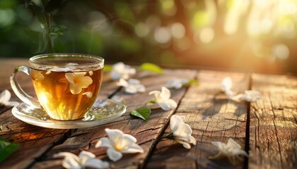 Empty wood table with glass cup of jasmine tea text space available