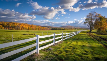 Fototapeta premium Farm field with white fence in view
