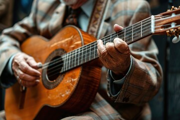 Obraz premium Eldery man in classical suit playing acoustic guitar. Spanish traditional live music performance