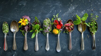 Summer dishes enhanced with herbs displayed on spoons