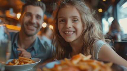 Close-up of a family smiling and enjoying a meal at a restaurant