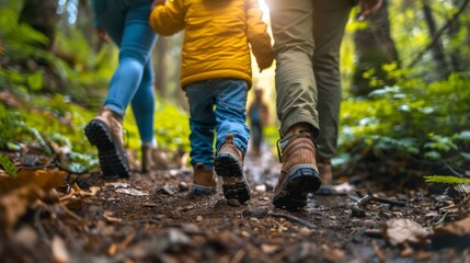 Close-up of a family walking hand-in-hand on a nature trail, all smiling