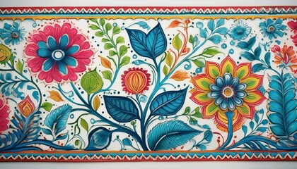 Indian block print and border with blue, green, red on white with a touch of pink and yellow