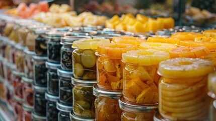 A display of various types of preserved tropical fruits including pickled mangoes dried papaya and canned pineapple rings.