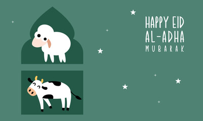 Holy Eid Al Adha Mubarak Cute Banner Cartoon doodle