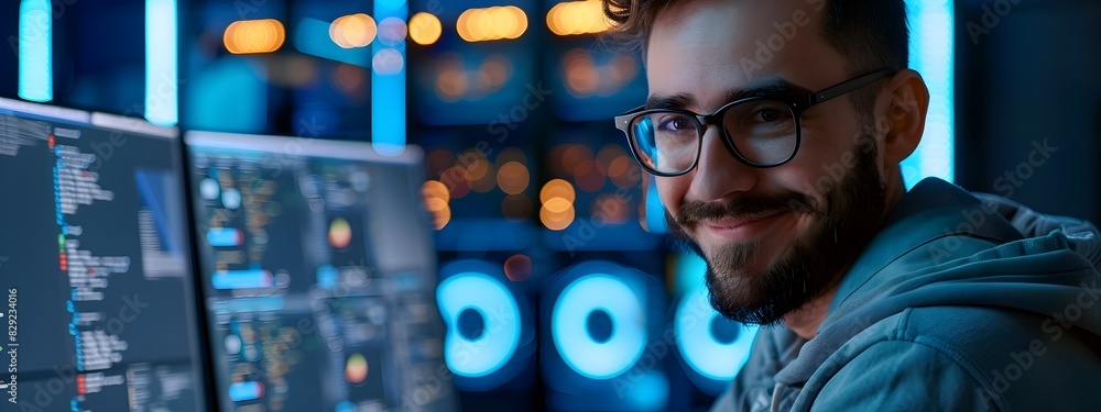 Poster young professional cybersecurity analyst examining data on multiple screens in workspace