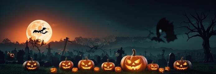 Glowing Pumpkins Under the Full Moon Sky. Halloween background for posters, banners and social media post greetings. - Powered by Adobe