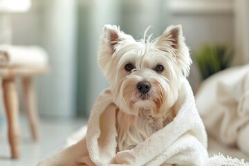 Freshly bathed Westie dog wrapped in towel Grooming theme with space for text HQ image