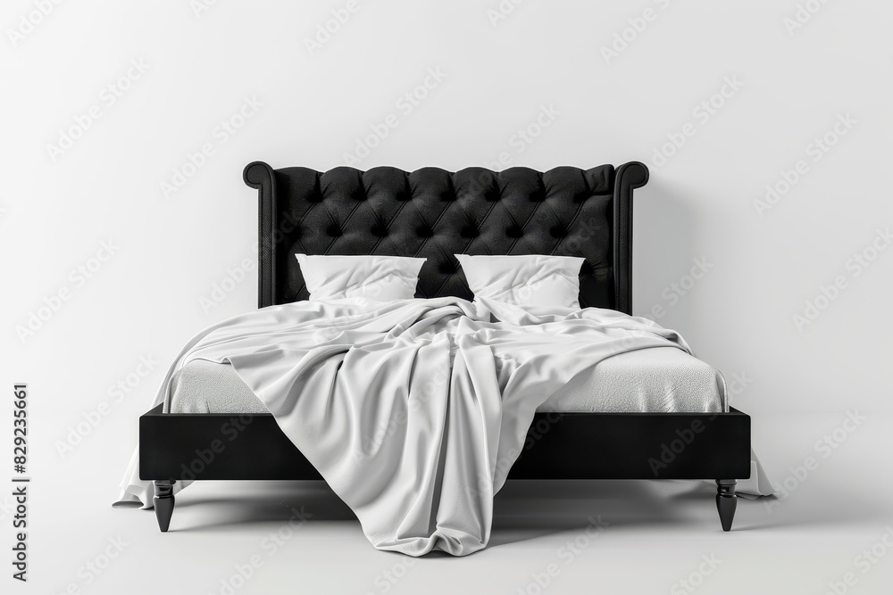 Poster Front view of black bed with white blanket modern fabric isolated on white background