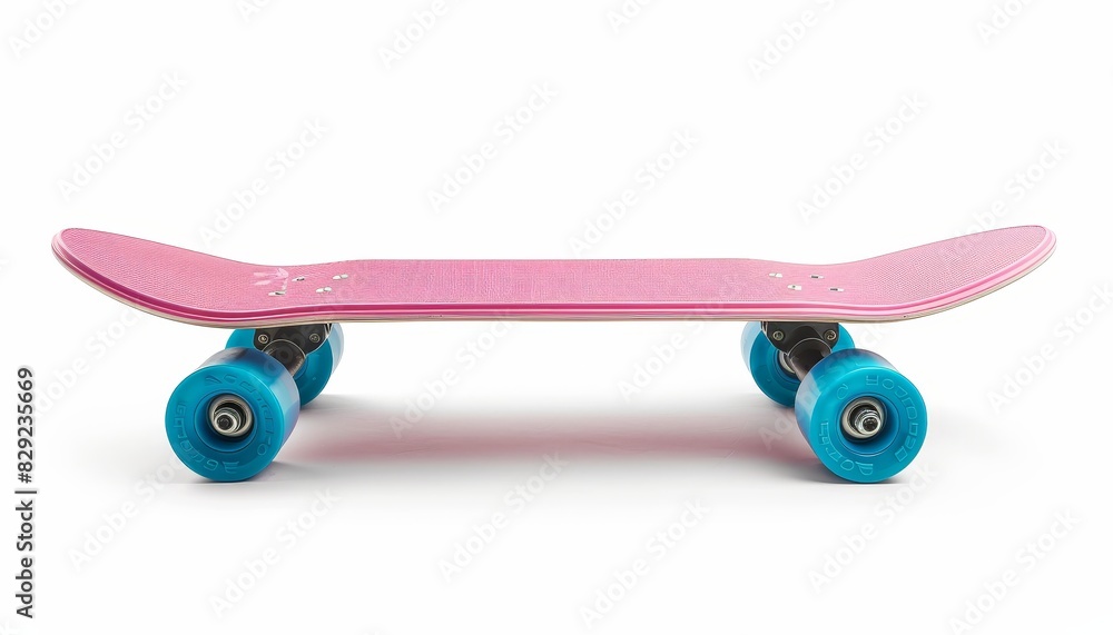 Wall mural front view of a white background isolated pink cruiser longboard skateboard with blue wheels