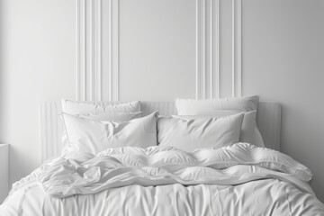 Front view of classic white bed with modern white blanket on white background