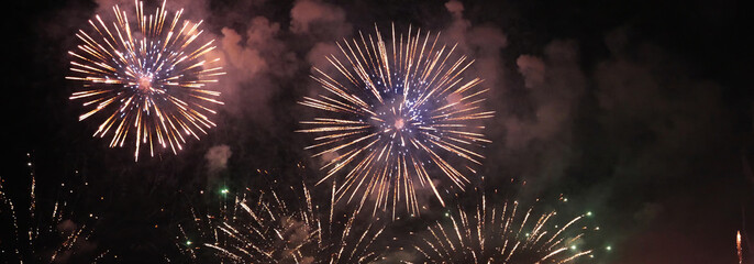 Banner Red Firework celebrate anniversary happy new year 2024 4th of july holiday festival. Banner red firework night time celebrate national holiday. Countdown new year 2025 festival with copy space