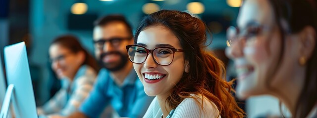 Cheerful Female Employee Engaged in Teamwork at Modern Office