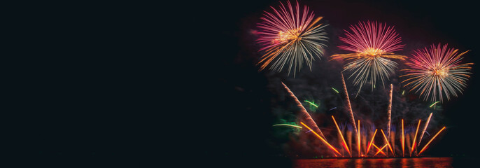 Banner Colorful vibrant Firework celebrate anniversary happy new year 2024, 4th of july holiday festival. Banner firework night celebrate national holiday. countdown new year 2025 with copy space