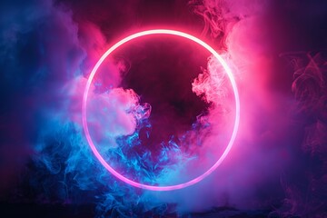 Futuristic sci fi smoke in neon circular portal on dark background
