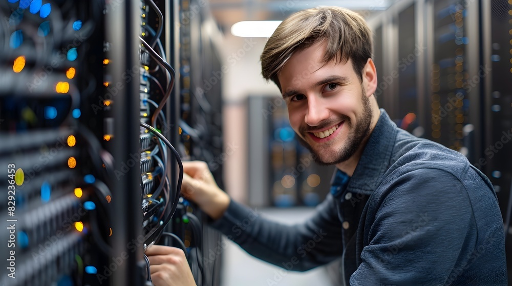 Poster cheerful network administrator attentively working on server setup in workplace