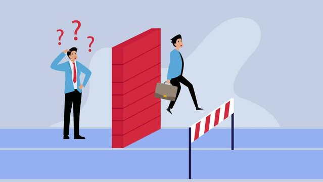 Business race with unfair obstacles. Businessman jumping over hurdle with other businessman stuck by the wall cartoon animation