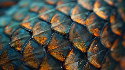Fototapeta premium Close-up of green and brown textured scales, likely from a fish or reptile