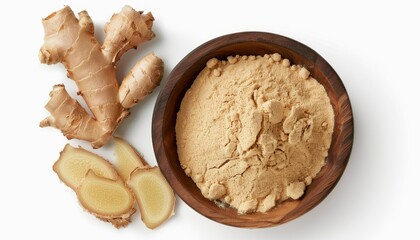 Fototapeta premium Ginger powder isolated on white in wooden bowl