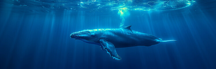 Humpback Whale Plays Near the Surface in Blue Water