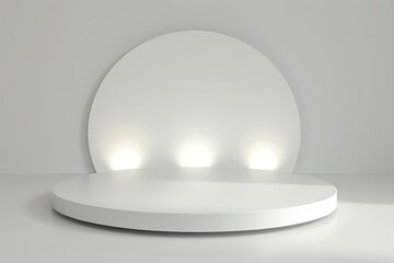 Gleaming white pedestal podium with abstract 3d concept and lighting suitable for banners or flyers