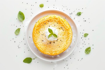 Gluten free corn cake with cream cheese for a healthy breakfast on a white background viewed from the top
